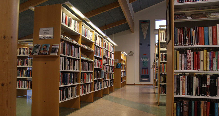 Böcker på hyllor inifrån ett bibliotek.