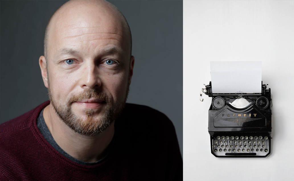 Bildmontage bestående av en bild på Johan Carle och en bild på en skrivmaskin.