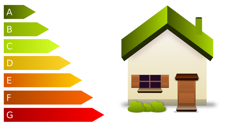 Illustration på hus och energiförbrukningspilar i olika färger 